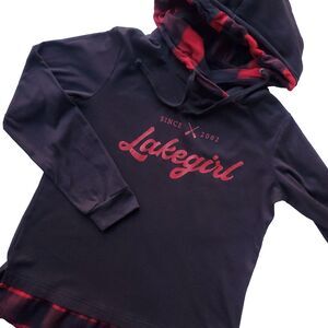 Lakegirl Long Sleeve Tunic Sz L Black Hooded Pullover Hoodie Top Red Plaid Trim